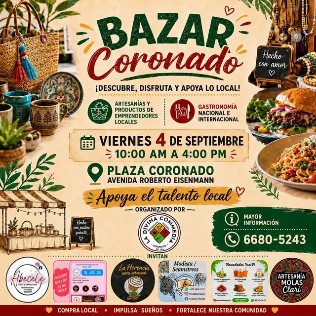 Real flyer: Bazar Coronado with local crafts and entrepreneurs, Friday September 4 from 10AM to 4PM, at Plaza Coronado