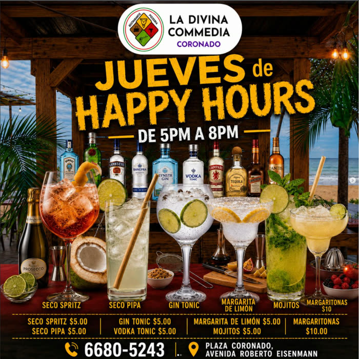 Flyer real: Jueves de Happy Hours de 5PM a 8PM en La Divina Commedia Coronado