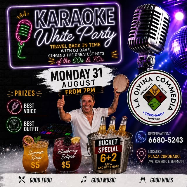 Real flyer: Karaoke White Party with DJ Dave, Monday August 31 from 7PM, at La Divina Commedia Coronado