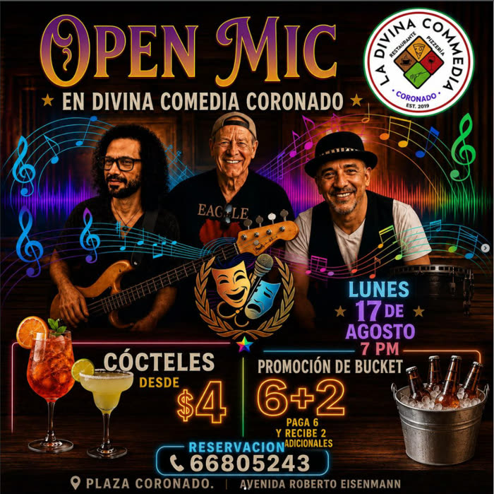 Flyer real: Open Mic con música en vivo en La Divina Commedia Coronado