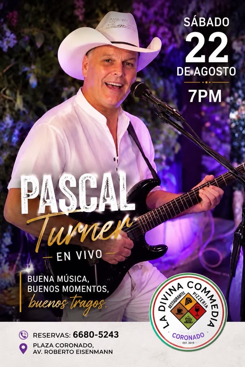 Flyer real: Pascal Turner en vivo, sábado 22 de agosto, en La Divina Commedia Coronado