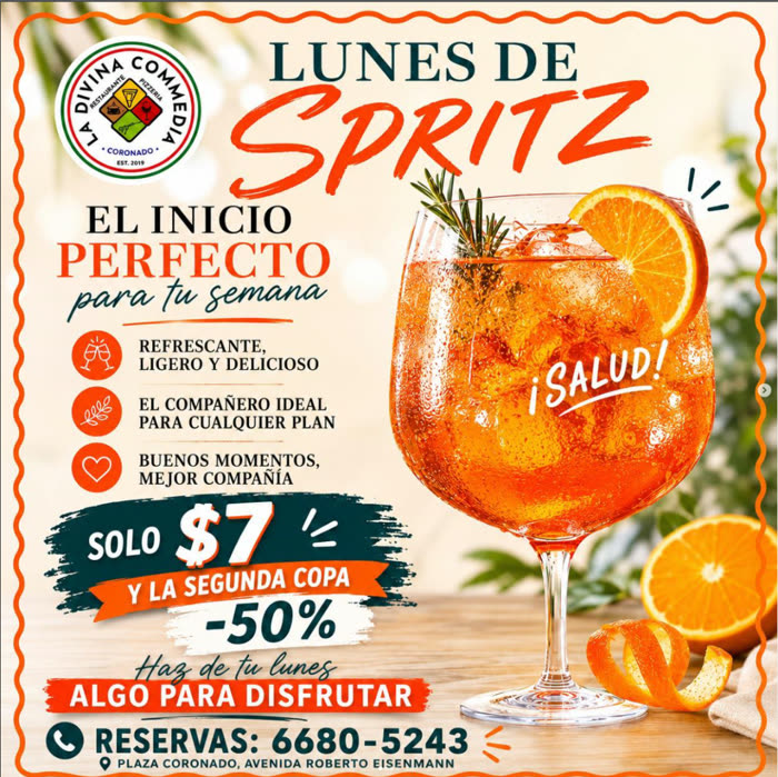 Flyer real: Lunes de Spritz, segunda copa al 50% en La Divina Commedia Coronado
