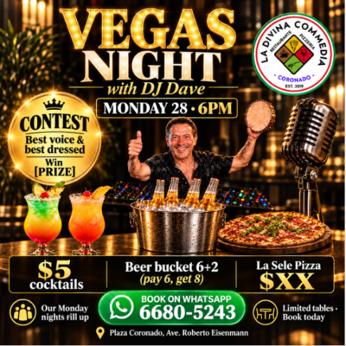 Flyer real: Vegas Night con DJ Dave, concurso de mejor voz y mejor atuendo, cócteles a $5, cubetazo de cerveza 6+2 y Pizza La Sele, lunes 28 de septiembre desde las 6PM, en La Divina Commedia Coronado